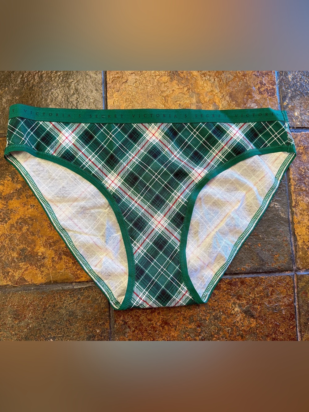Victoria's Secret Green Plaid Bikini Panty with Red , Green & White Accents